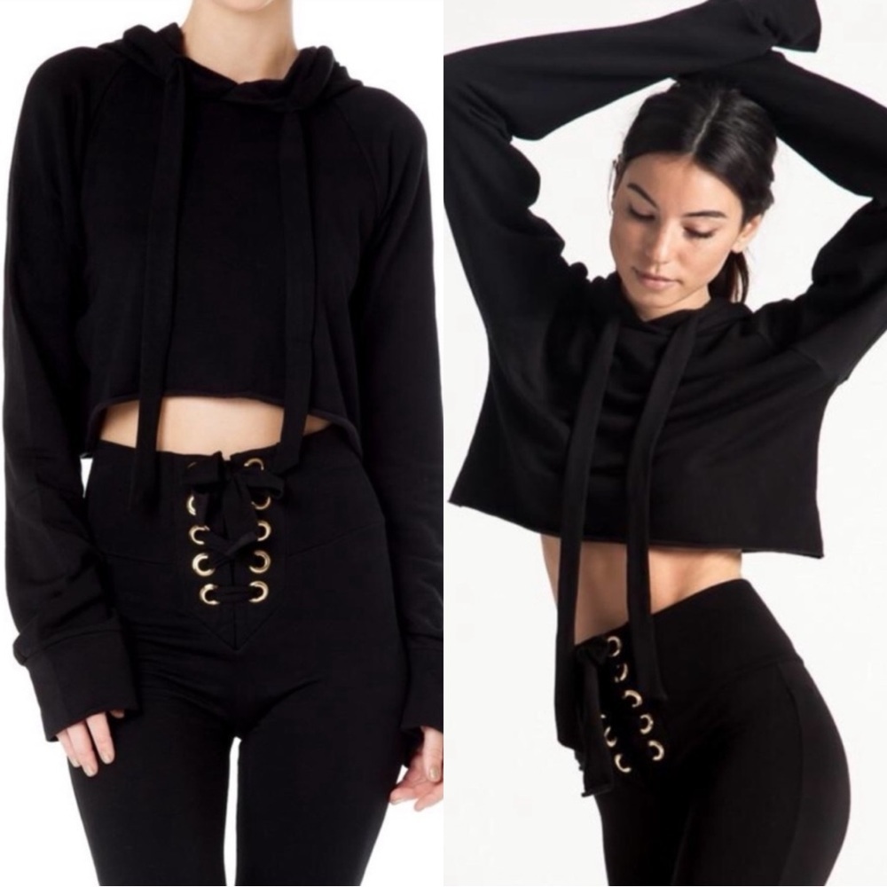 ARE YOU AM I Strike Black Crop Hoodie Pullover Sweater Top